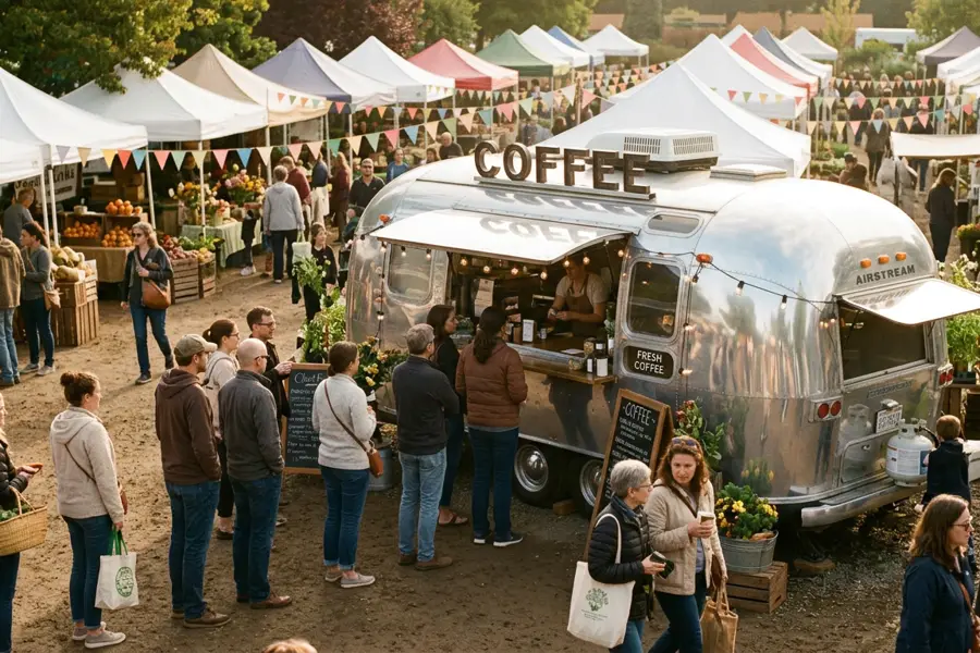 The coffee trailer serving a crowd at an outdoor market