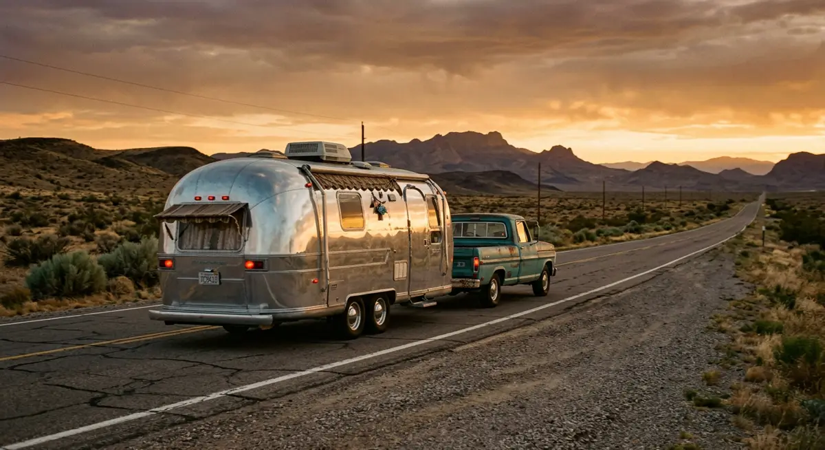 The chrome Airstream being towed down an open highway at sunset